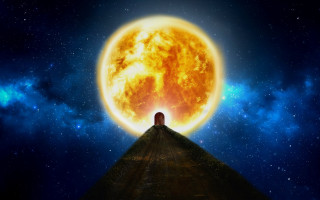 Hill sun starry sky fantasy - a bright sun in the background free wallpaper
