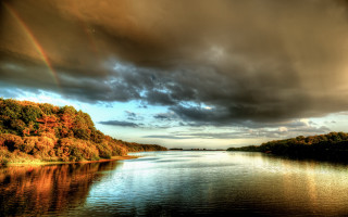 Rainbow lake trees hill sunset - colorful cloud free wallpaper