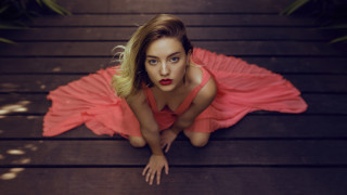 Pink dress woman posing wooden - a wooden floor free wallpaper