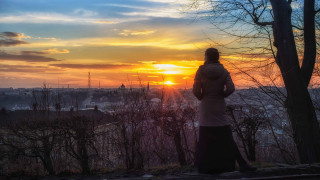 Woman hill sunset cityscape cross - alena aenami free wallpaper