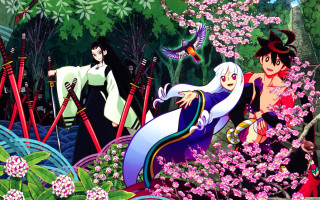Woman man forest flowers birds - above her free wallpaper