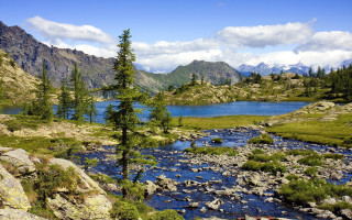 River forest mountains clouds landscape - a river free wallpaper for desktop