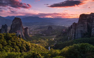 Sunset valley mountains river trees 3 - constantine andreou free wallpaper