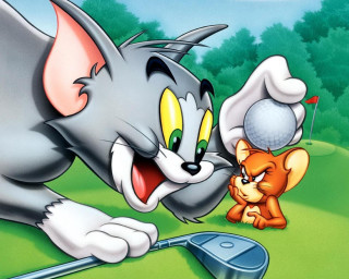 Cartoon cat playing golf mouse - pop surrealism free wallpaper