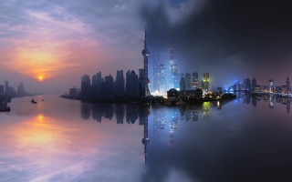 City skyline water boat sunset 3 - sunset free wallpaper