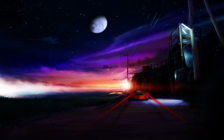 Car road purple sky full - a full moon in the distance free wallpaper