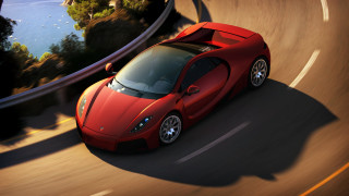 Red sports car lake bridge - photorealism free wallpaper