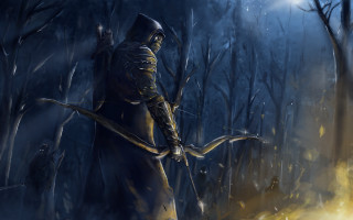 Hooded archer forest night moon - a bow and arrow in a forest free wallpaper