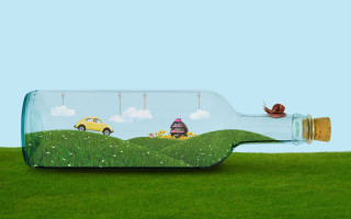 Bottle house car green field - inside free wallpaper