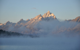 Mountain fog lake boat sky - volumetric fog free wallpaper