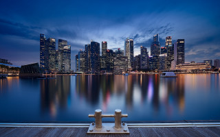 City skyline reflection dock night - a bench free wallpaper for desktop