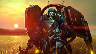 Robot gun field sunset mecha - the sun in the background free wallpaper