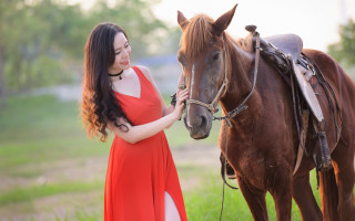 Woman red dress horse field 2 - fei danxu free wallpaper