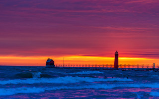 Lighthouse sunset waves redsky beach - a pier free wallpaper