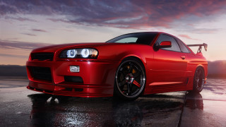 Red sports car wet sunset - a wet surface free wallpaper