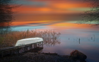 Boat dock water sunset mountain - mystical free wallpaper