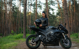 Woman motorcycle forest leaves blackjacket - anka zhuravleva free wallpaper