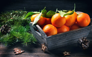 Wooden crate oranges pine cones - orange free wallpaper