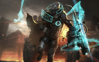 Futuristic man glowing sword city - sword free wallpaper
