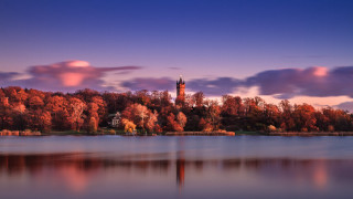 Lake clock tower autumn forest - impressionist free wallpaper