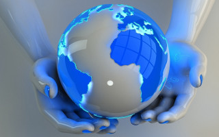 Person holding blue white globe - a blue light free wallpaper