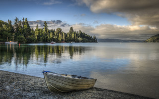 Lake shore forest clouds mountain - a forest in the background free wallpaper