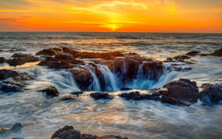 Sunset water rocks waterfall bridge - rock free wallpaper