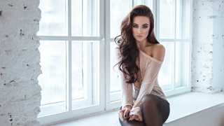 Woman sitting window sill elina - long dark hair free wallpaper