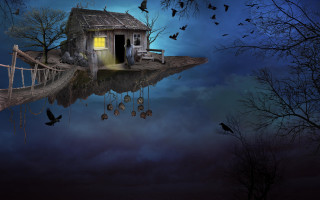 Lake house moon birds matte - full free wallpaper