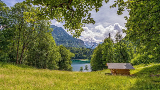 Small cabin lake mountains clouds 2 - free summer wallpaper for desktop