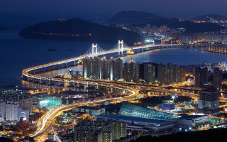 City night bridge river lights - a matte painting free wallpaper