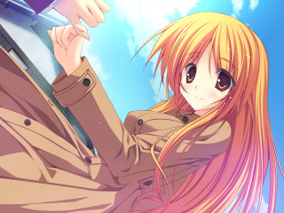 Girl longhair trenchcoat cellphone outdoors - holding free wallpaper