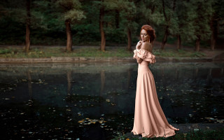 Pink dress pond forest night - anka zhuravleva free wallpaper