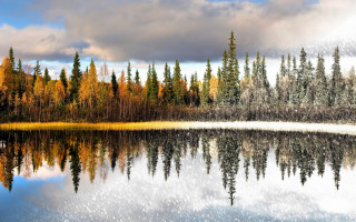 Lake trees snow clouds autumn - impressionist painting free wallpaper