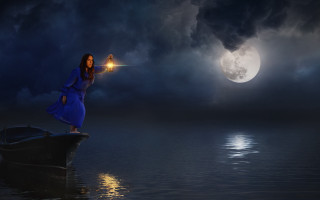 Woman blue dress boat moonlight - cinematic photography free wallpaper