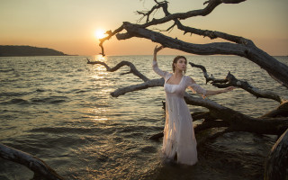 Woman white dress water tree - impressionist free wallpaper