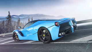 Blue sports car road forest 2 - gradient light blue free wallpaper