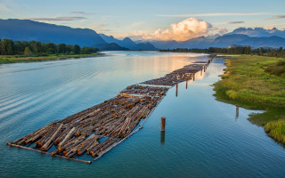 Wooden raft river sunset mountain - top of a river next free wallpaper