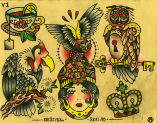 Woman birds coffee drawing head - punk art free wallpaper