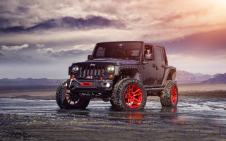 Jeep red wheels water mountains - a cloudy day free wallpaper