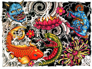Dragon fish flowers side drawing - eishōsai chōki free wallpaper