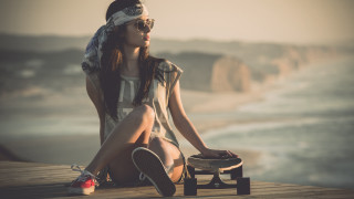 Woman dock skateboard hat beach - a wooden dock next free wallpaper