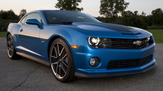 Blue chevrolet camaro forest road - the street in front free wallpaper