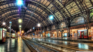 Trainstation cityscape night bridge clocktower - expressionism free wallpaper