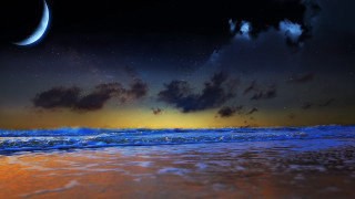 Beach waves crescent moon night - a view of a beach free wallpaper