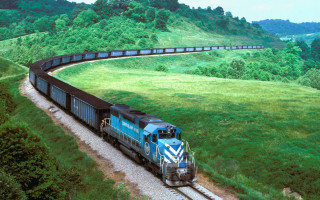 Train country green field hill - matte painting free wallpaper