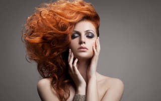 Red hair woman blowing wind - expressionism free wallpaper