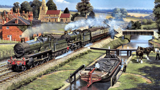 Train river bridge horses carriages 2 - impressionist free wallpaper