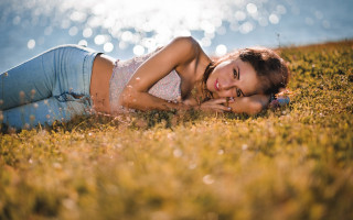 Woman grass water autumn bokeh - a body of water free wallpaper for desktop