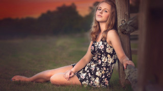 Woman sitting tree field sunset - her knee free wallpaper